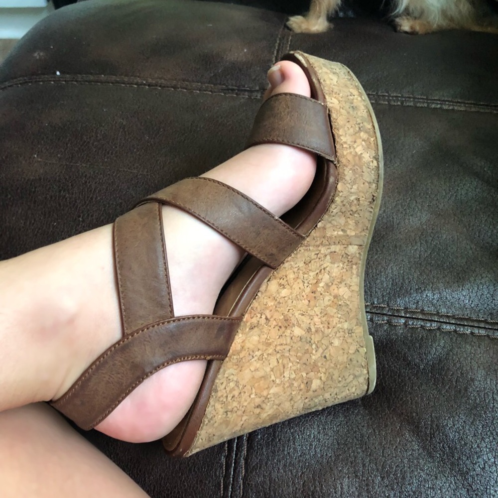 Strappy brown high wedge heels